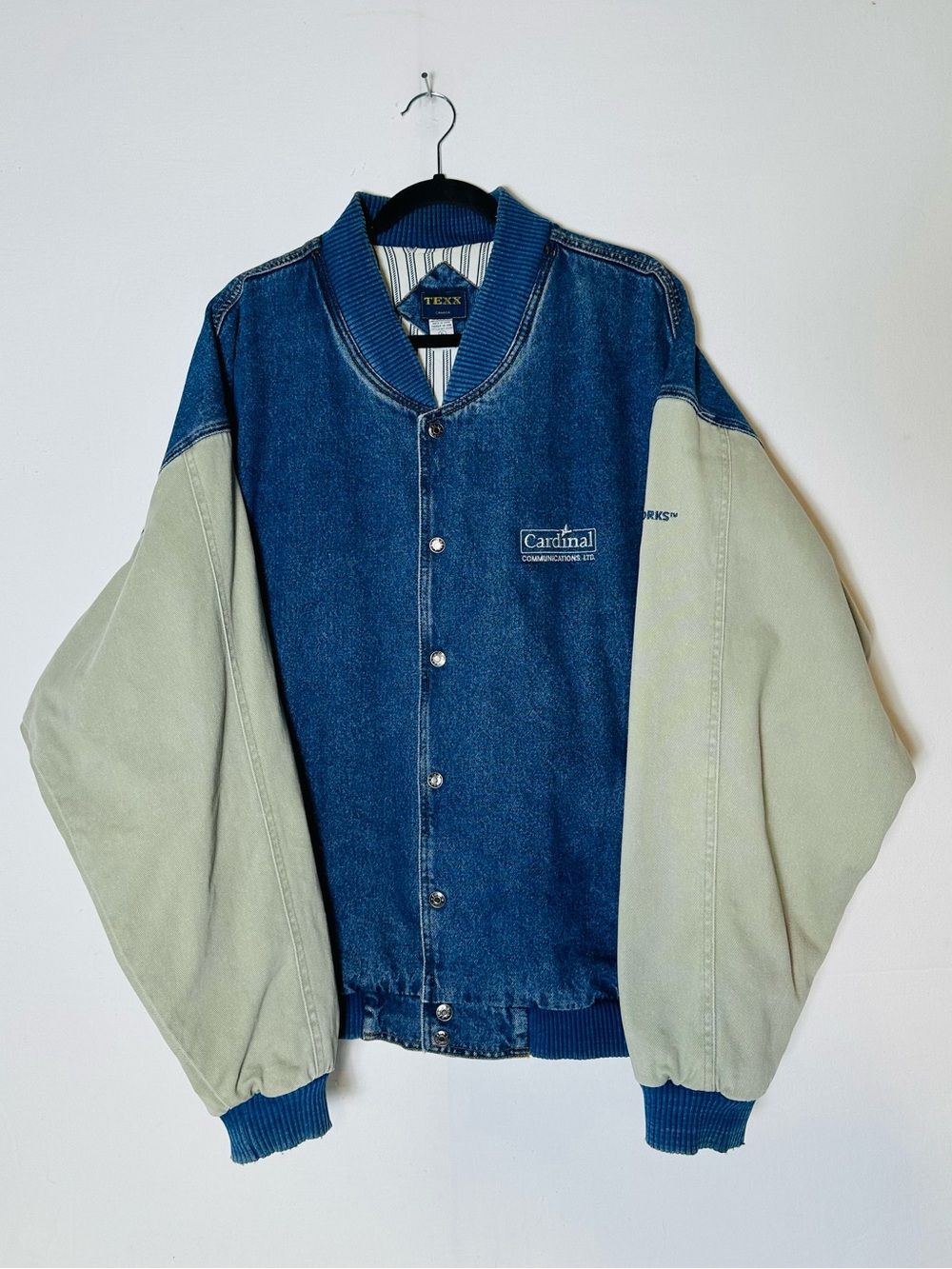 Vintage Texx Canada Two Tone Blue Denim Cream Varsity Bomber Jacket XL